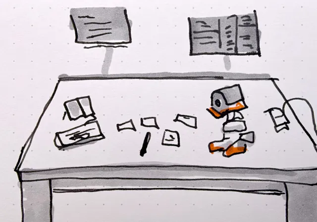 A marker sketch of a desk holding a notebook, a camera on a stand, a pen, and loose cards, with two screens floating above it.